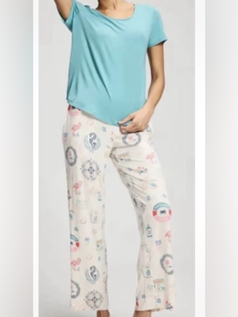 Soma Cream Printed Pajama Pants with Teal Top